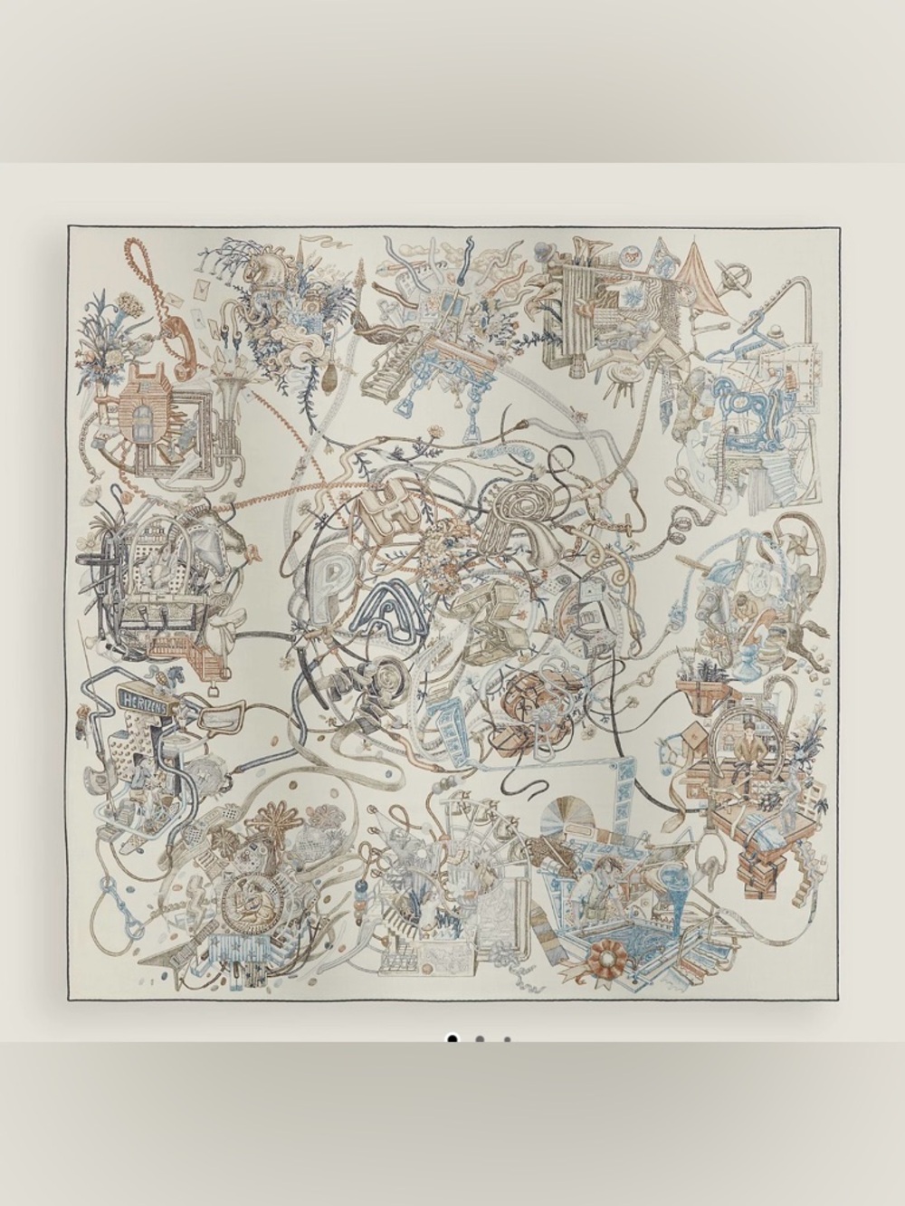 Hermes Le Monde d'Hermès shawl 140 Equestrian Scarf Cream, Brown Blue cashmere